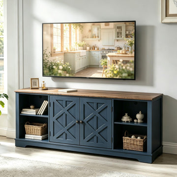 70 Inch Navy TV Stand, Farmhouse Rustic Media Console with Storage