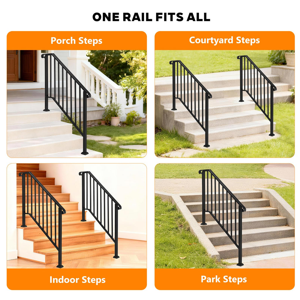 Handrails for Outdoor Steps, Stair Handrail Fits 1 to 5 Steps, Wrought Iron Hand Rail Stair Railing Kit for