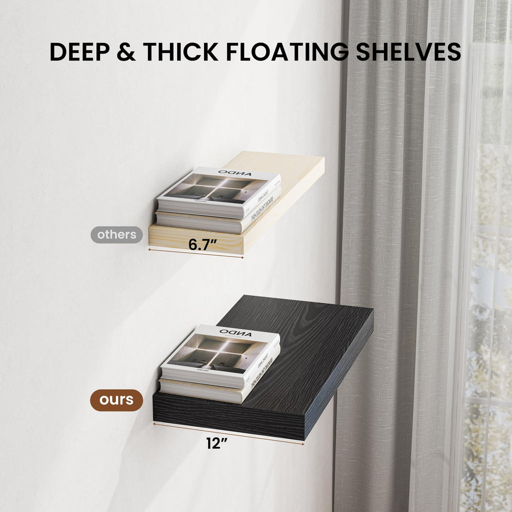 48" Floating Shelves for Wall, 12" Deep Thicker Black Floating Shelves, Wall-Mounted Shelves - Set of 2
