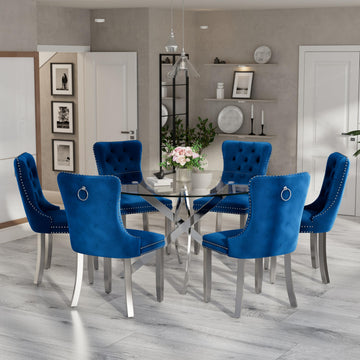 47" Luxury Glass Round Dining Table Set with 6 Velvet Upholstered Dining Chairs with Metal Legs, Modern Kitchen Table