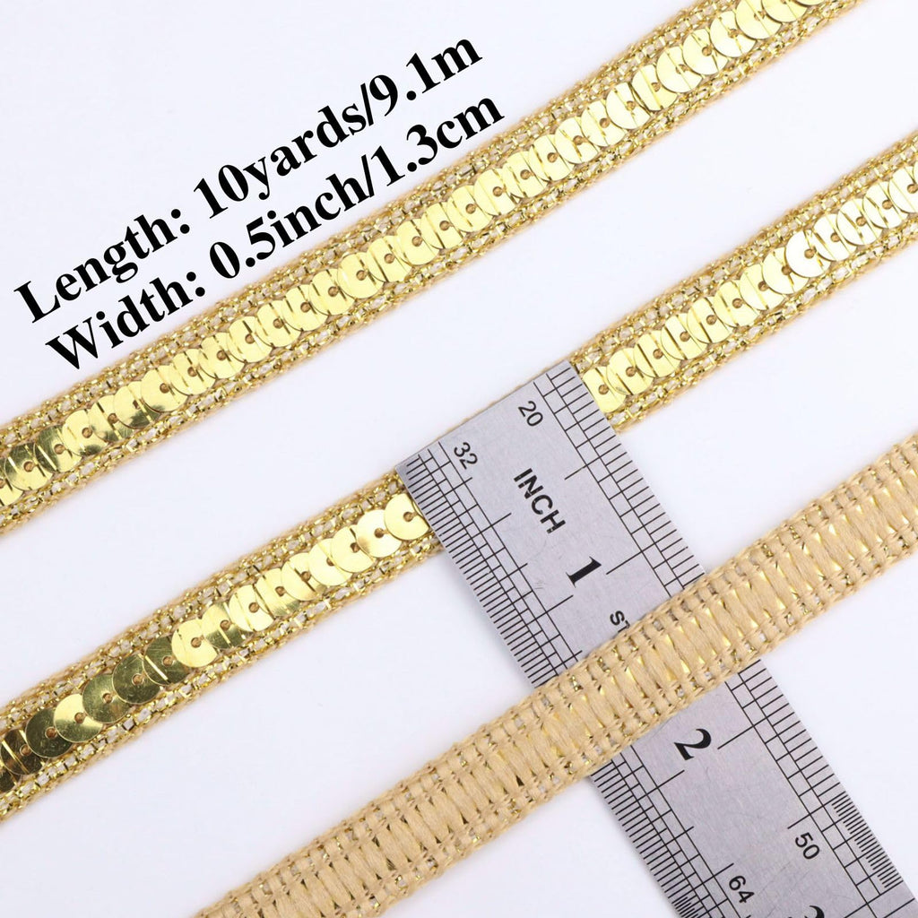 Gold Sequin Ribbon Trim Sequin Braid Trim Flat Glitter Ribbon for Sewing, 10 Yards