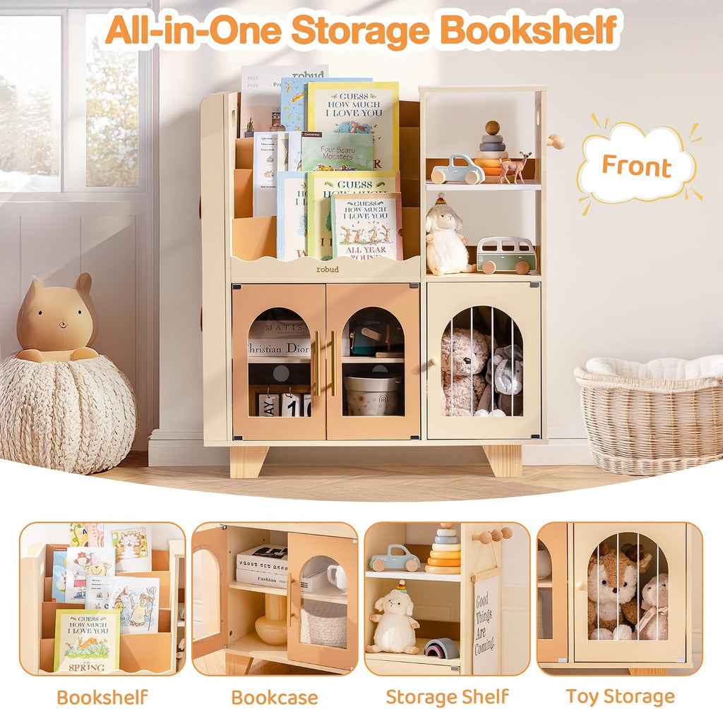 Toy Storage Organizer, All-in-One Toy Organizers and Storage, Kids Wooden Bookshelf with 6 Storage compartments, Toy