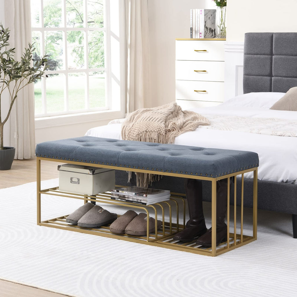 Upholstered Shoe Storage Bench-Nailhead Trim Linen Ottoman Bench with Shoes Rack for End of Bed Entryway Window