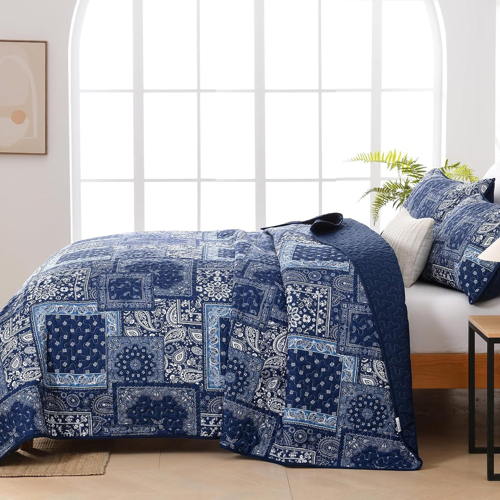 Blue Patchwork Quilt Set Queen,Boho Navy Blue Quilt Set,Paisley Farmhouse Bedspread Soft Microfiber Bedding Set for