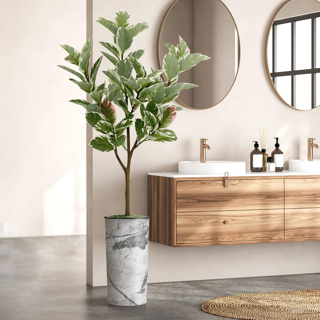 Tree in Gray Marble Effect Planter, Fake Rubber Silk Tree for Indoor and Outdoor Home Decoration - 70" Overall Tall