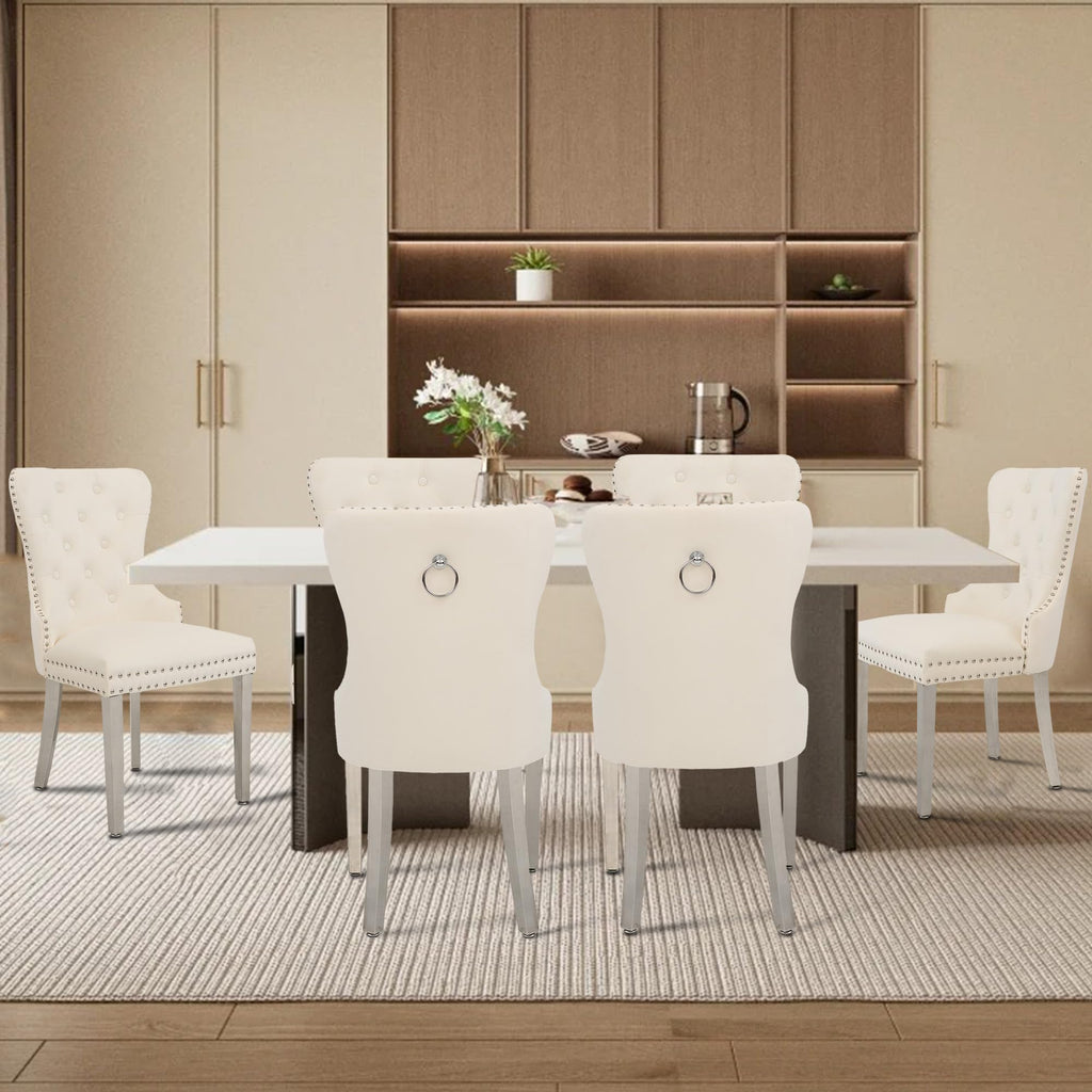 Velvet Dining Chairs Set of 6, Modern Kitchen Chairs, Beige