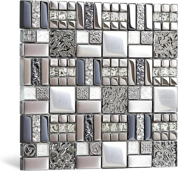 Metallic Glass Mosaic Silver Gray 100% Glass Tile Water Resistant Backsplash Bathroom Shower Accent Wall Decor