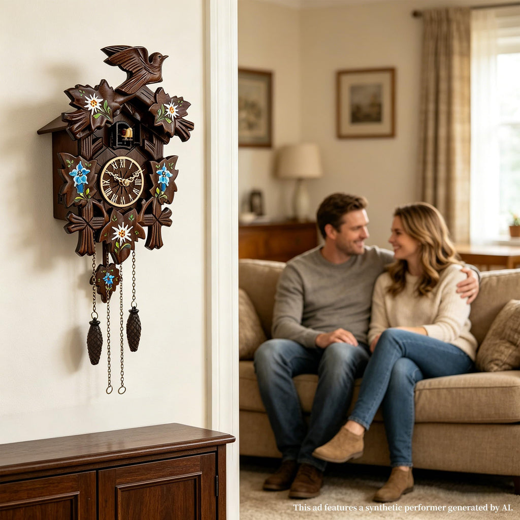 Handcrafted Edelweiss Cuckoo Clock, Black Forest Style, Quartz