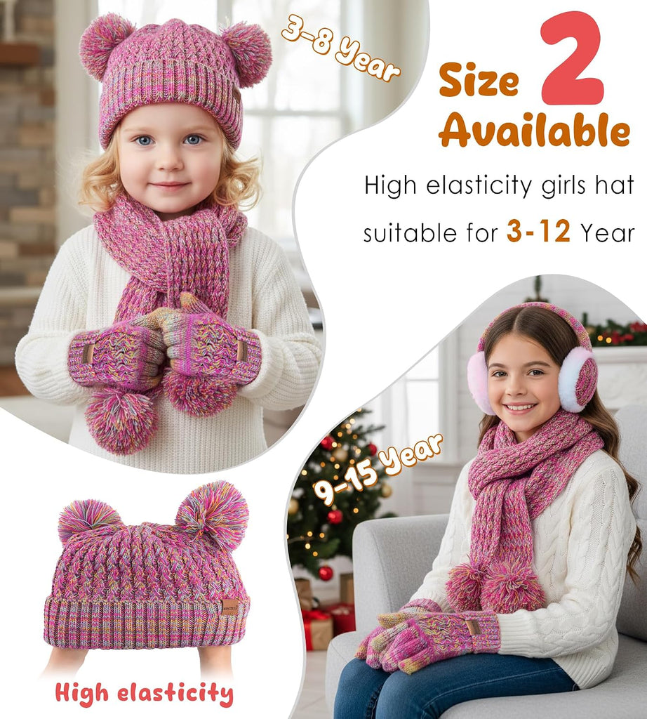 4PCS Kids Girls Winter Hat Gloves Scarf Earmuffs Set Aged