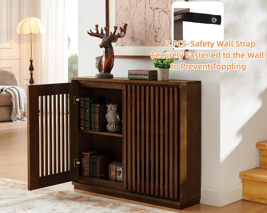 39" Walnut Narrow Sideboard Buffet Storage Cabinet | Walnut Wood Small Sideboard Storage Cabinet,Mid Century Modern