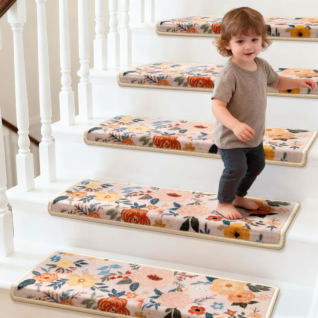 Bullnose Stair Treads for Wooden Steps, Non Slip Stair Carpet 14pcs | Washable, Self-Adhesive, Floral Stair Rug