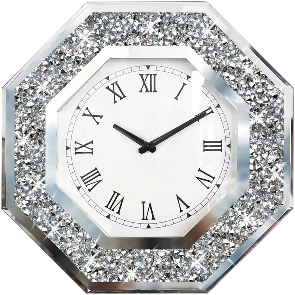 Wall Clock, Octagon Mirror Glass Clock, Cute Diamond 20-inch Non-Ticking Clock for Wall Décor, Perfect Home Decor