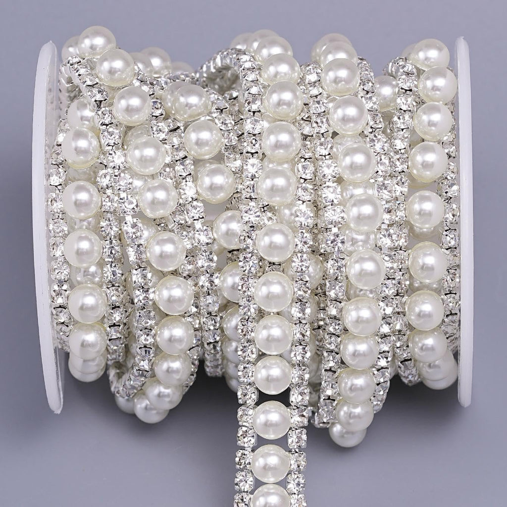 2 Rows Rhinestone Trim, Crystal Chain Inlaid White Pearl Beaded - 2 Yard