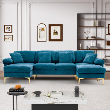 114" U-Shaped Velvet Sectional Couch with Ottoman, Teal Blue