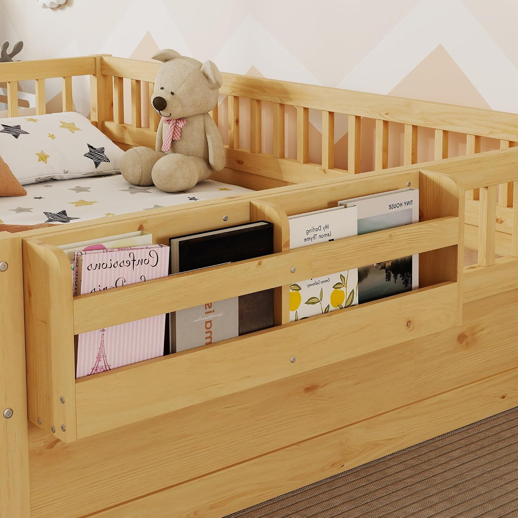 Floor Bed for Kids, Montessori Beds with High Fence Railings, Wood Playhouse Bed with Rails, Light &