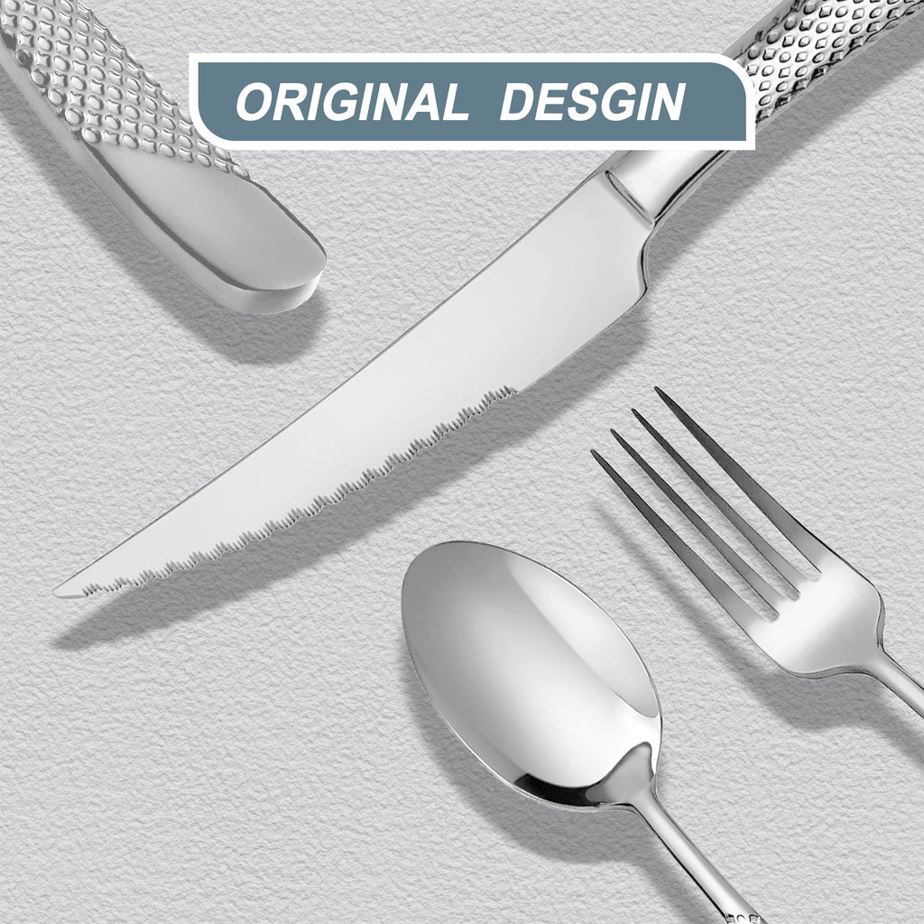 Hammered Silver Stainless Steel 20-Piece Modern Flatware Set