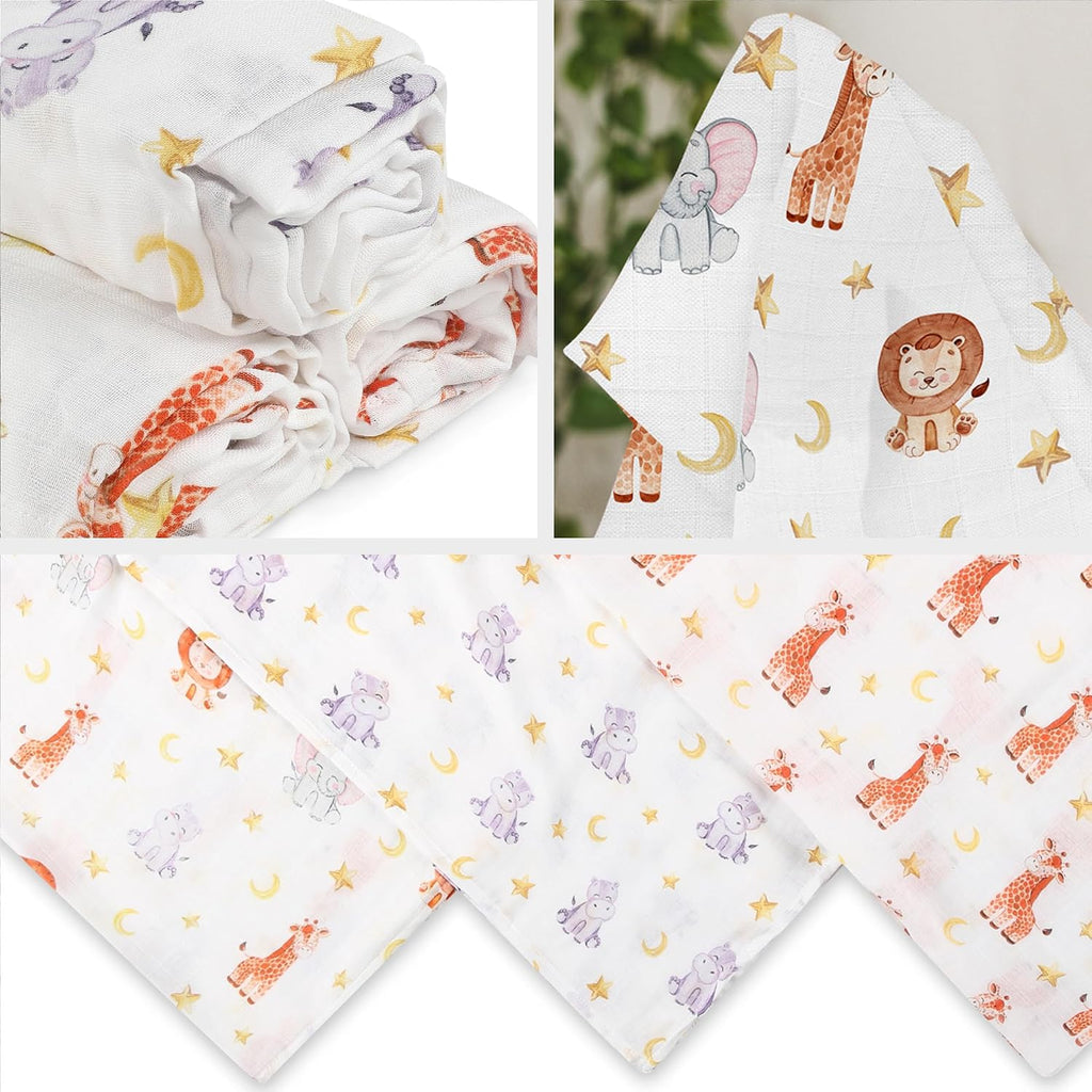 Muslin Swaddle Blankets, Pack - Soft Bamboo Rayon and Cotton Receiving Blankets for Boys & Girls - Adorable Animal