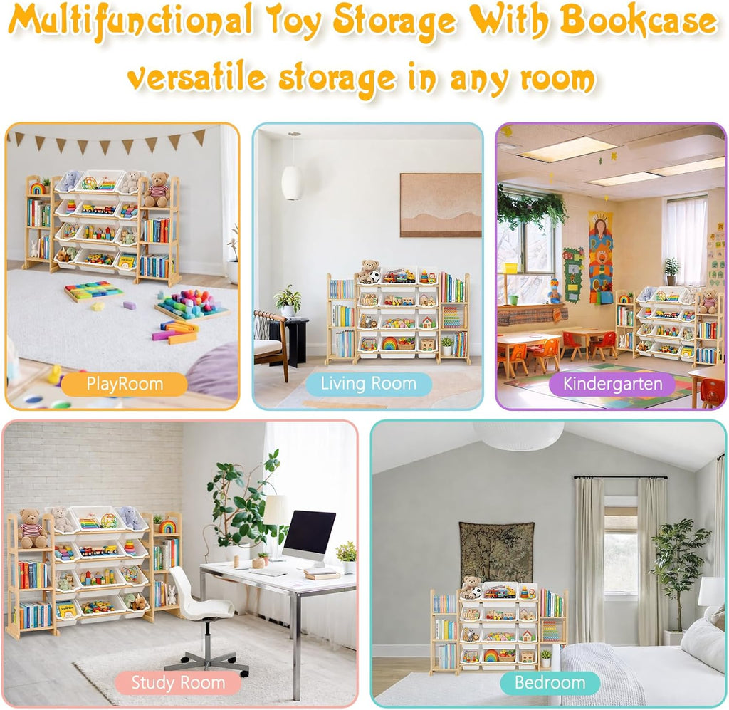 Toy Storage Organizer with Bookshelf - Wooden Toy Organizer with 12 Toy Bins & 6 Tier Bookcase,Quick Assembly Kids