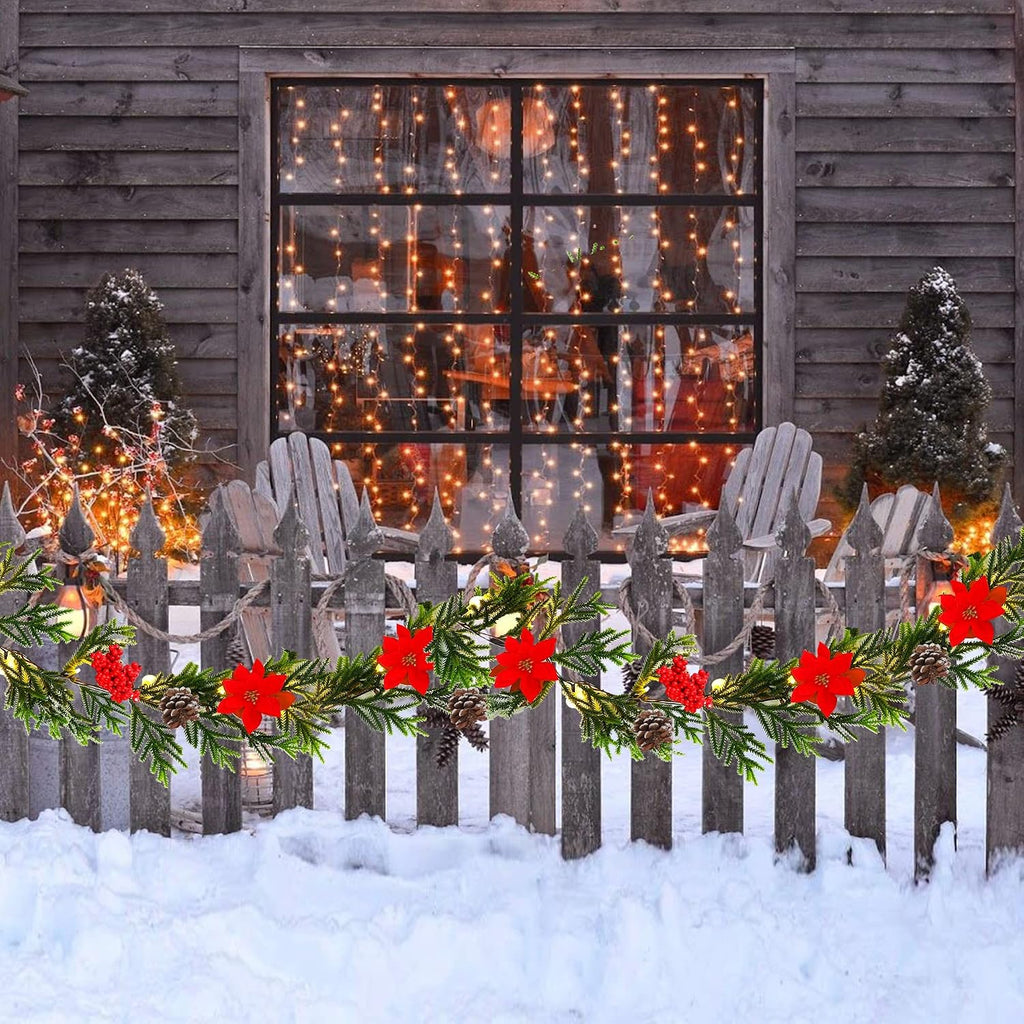 2 Pack Christmas Garland, 9' Pre-lit Artificial Xmas Flocked Garlands, Lighted Poinsettia Spruce Timer & Battery