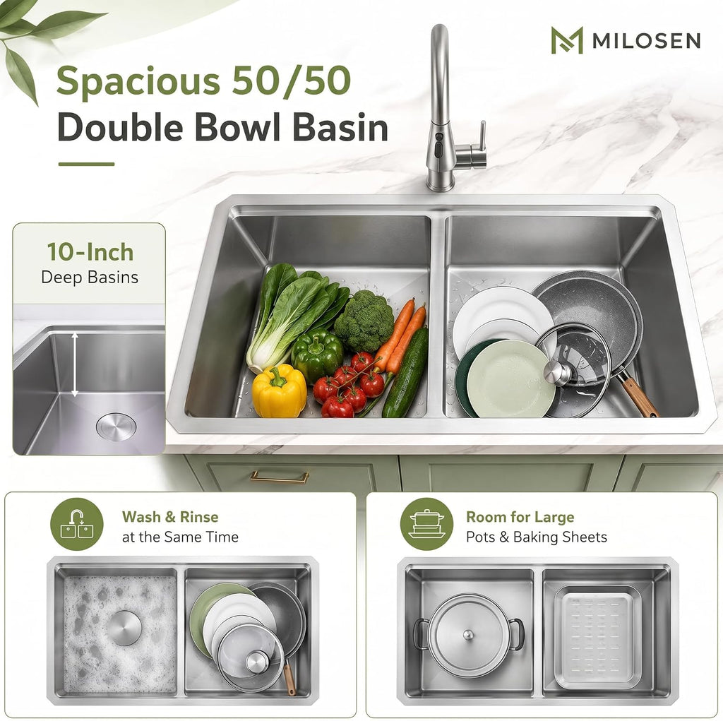 32''x18'' Double Bowl Undermount Kitchen Sink, T304 Stainless Steel 50/50 Workstation Sink with 10'' Deep Basins &