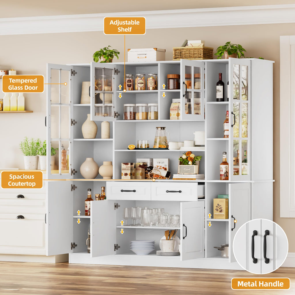 71" Tall Kitchen Pantry with Glass Doors, 63'' Wide Storage Cabinet with Drawers & Shelves, Large Kitchen Hutch China