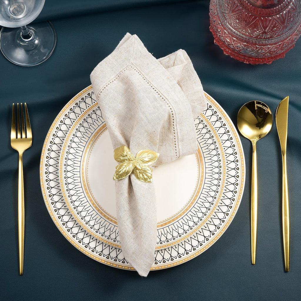 Matte Gold Napkin Rings Herb Leaf Botanical - Set of 8