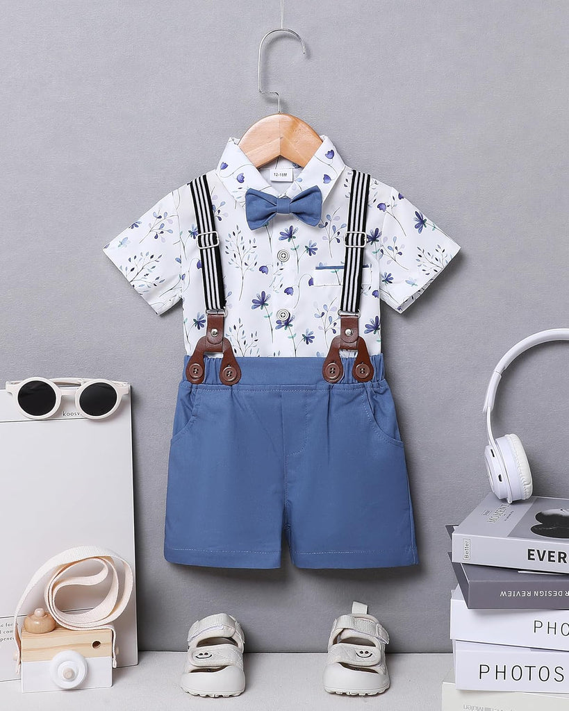 Toddler Baby Boy Clothes Boy Gentleman Suit Short Sleeves Shirt +Suspender Pants +Bowtie Toddler Dress Boy Outfit