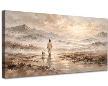 Extra Large Christian Jesus Canvas Wall Art, One Lamb in a Mountain Valley with Radiant Sunbeams, Cream and Earth