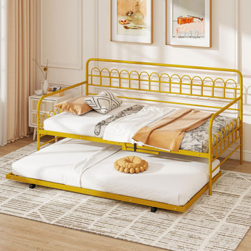 Twin Daybed with Trundle Gold, Metal Day Bed with Convenient Pull-Out Trundle Bed, Metal Slats, Lockable Universal