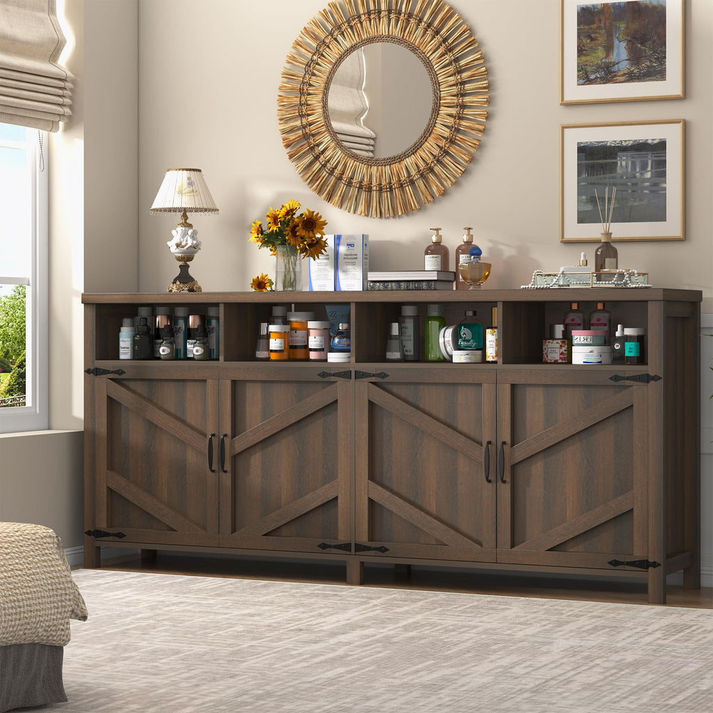 Buffet Sideboard with Storage Farmhouse, Large Kitchen Storage Cabinet Wood Coffee Bar Cabinet Buffet, 63in, Brown