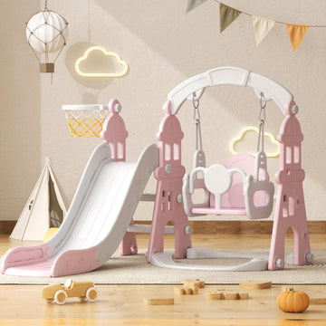 4-in-1 Toddler Slide and Swing Set, Kids Slide with Climber, Swing, Basketball Hoop, Indoor Outdoor Playset for