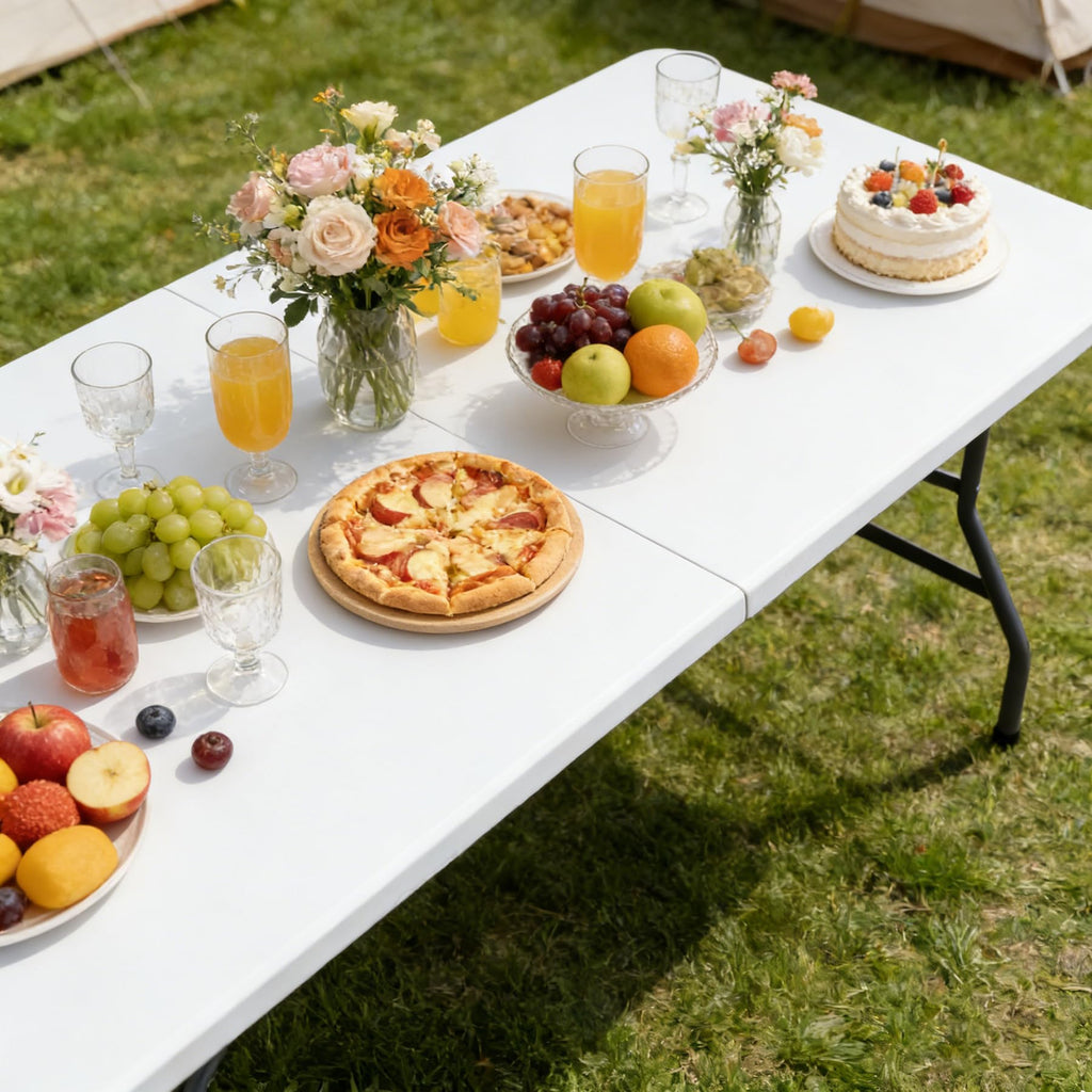 Indoor Outdoor 8ft Heavy Duty Folding Table - Portable Plastic Top w/Steel Legs & Handle for Camping, Picnics