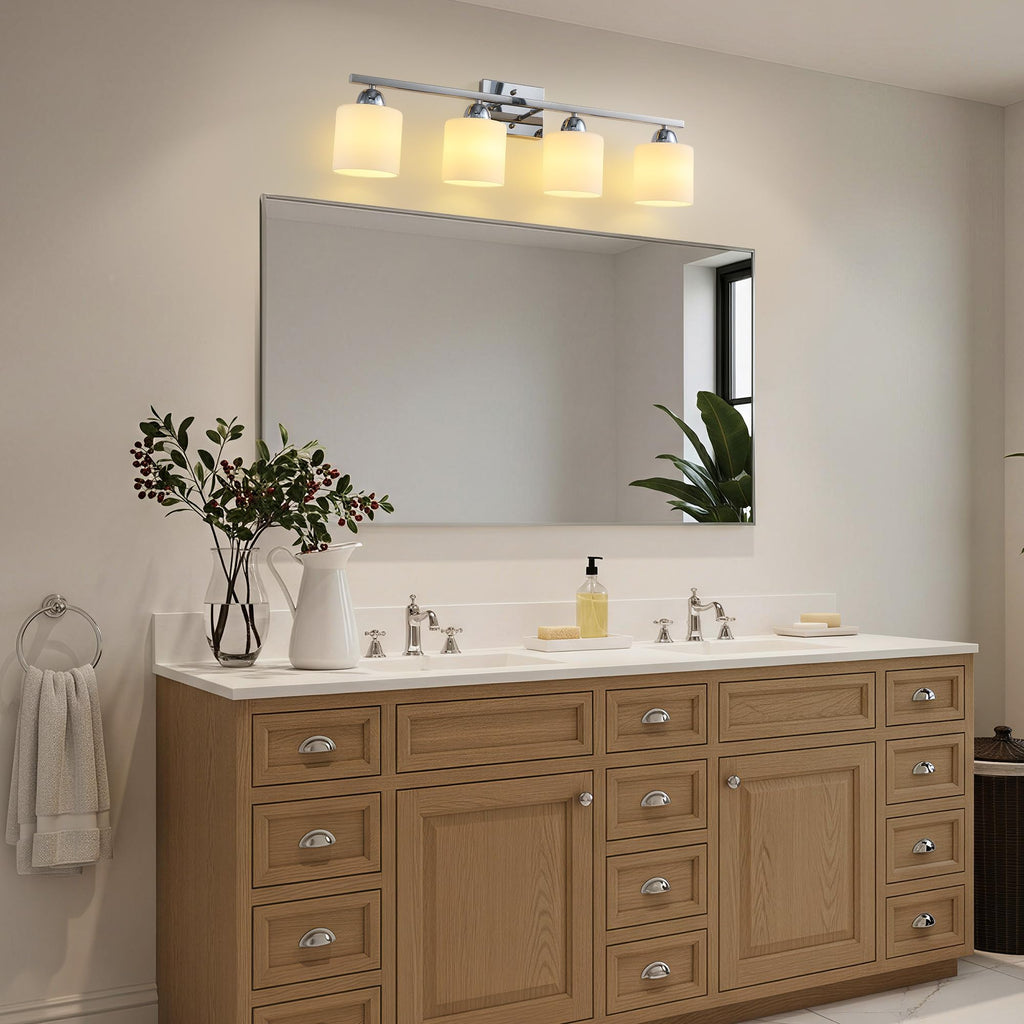 Stainless Steel Milk Glass Vanity Lights, 4 Light Chrome Bathroom Light Fixtures Over Mirror, Ceramic E26 Sockets