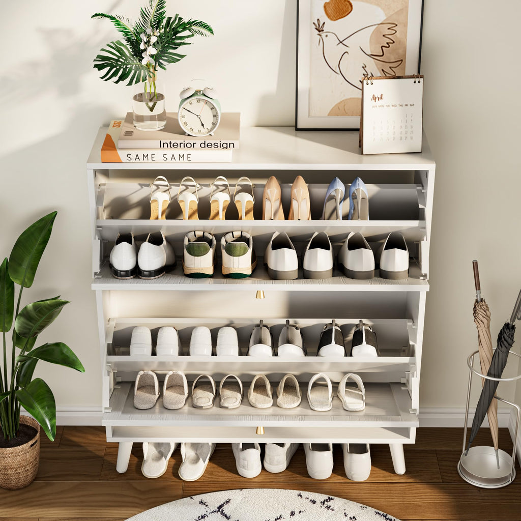 Shoe Storage Cabinet with 2 Fluted Flip Drawers, White