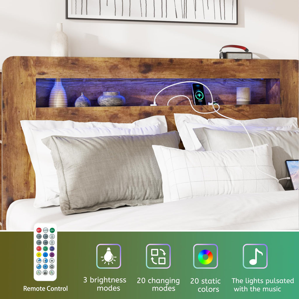 Wooden Bed Frame with Storage Headboard, Farmhouse Platform Bedframe with Bookcase Shelf & Led Lights