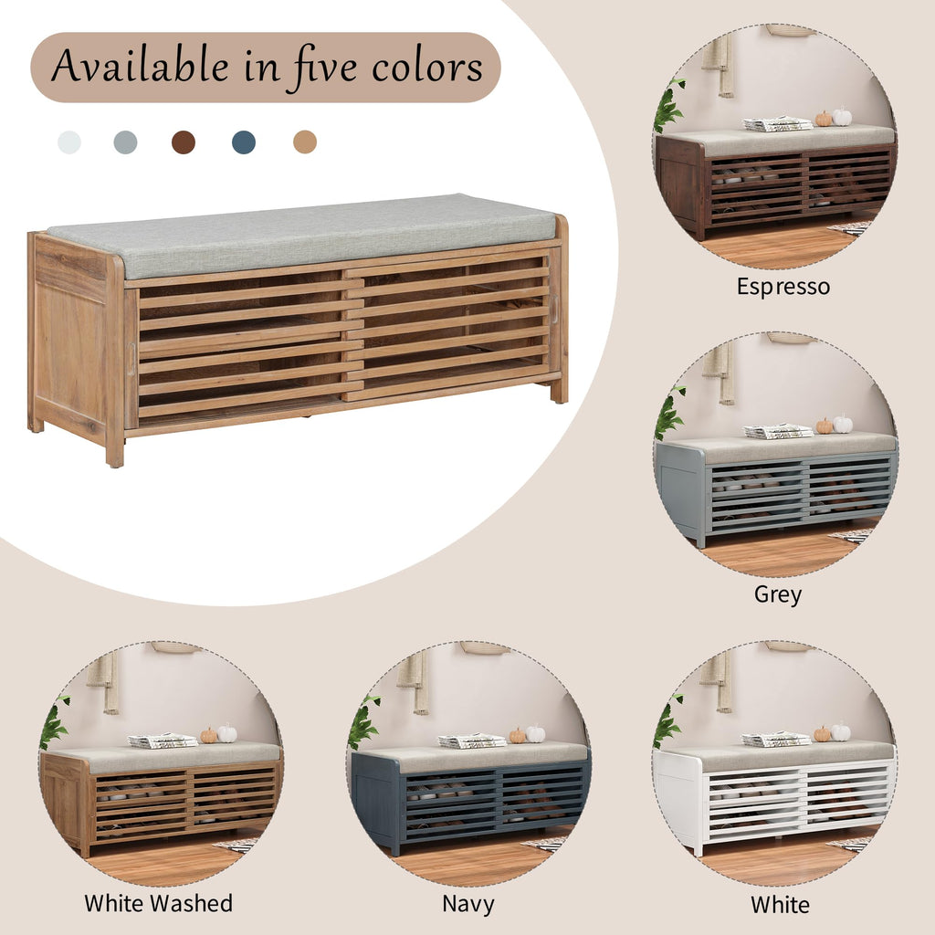 Shoe Storage Bench with Cushion, 2-Tier Entryway Bench with Sliding Shutter Doors, Farmhouse Style, 43.3" W x 15.4"