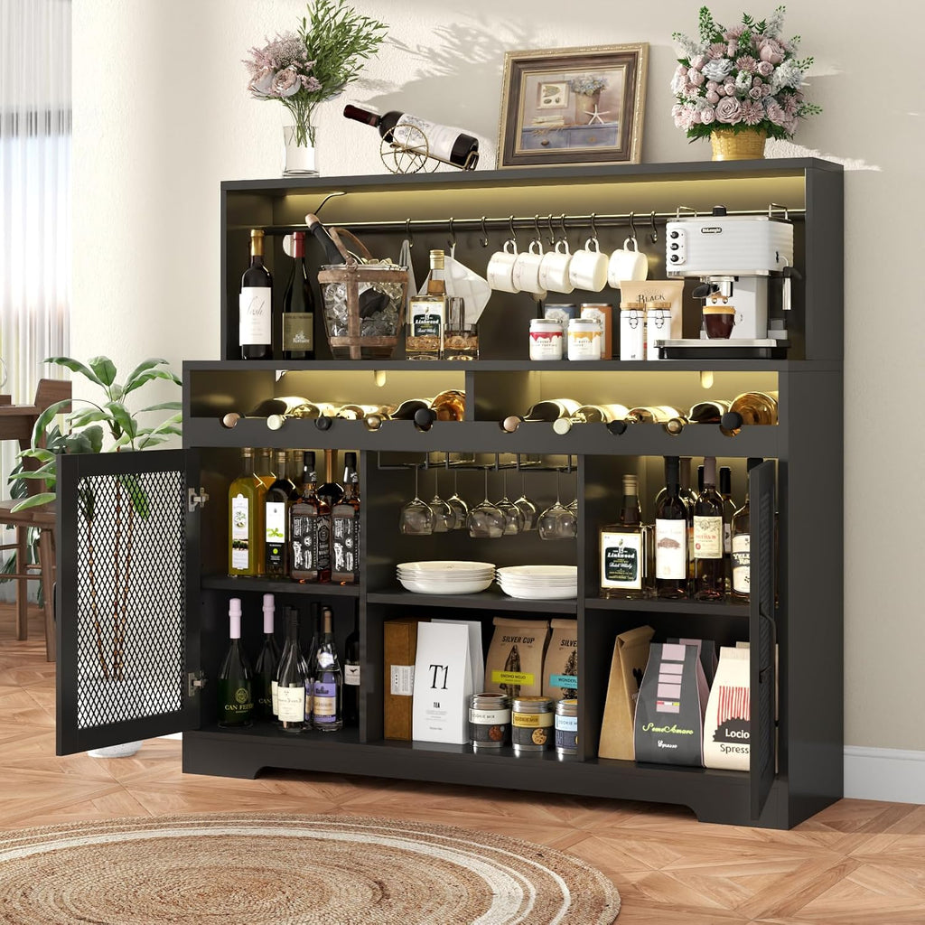 Wine Bar Cabinet with LED Light, Liquor Cabinet with Glass Holder, Coffee Bar for Liquor, Storage Buffet with Wine