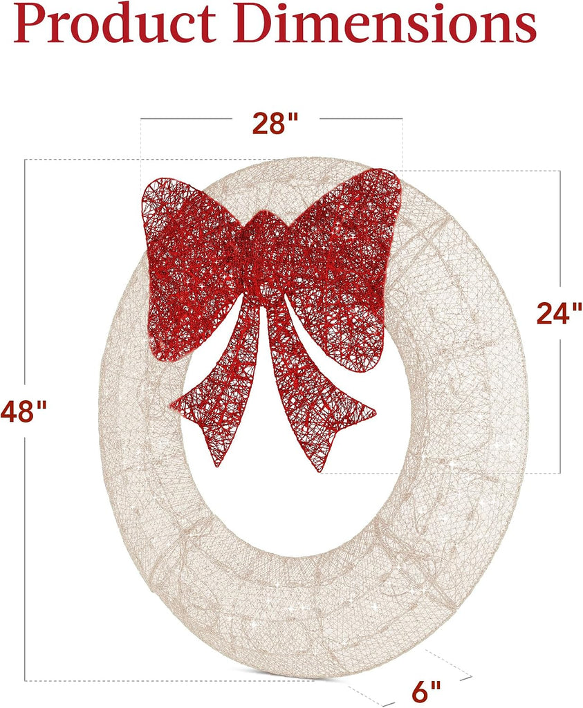 48in Pre-Lit Outdoor Christmas Wreath Decoration, LED Metal Holiday Decor w/ 140 Lights, Bow - White/Red