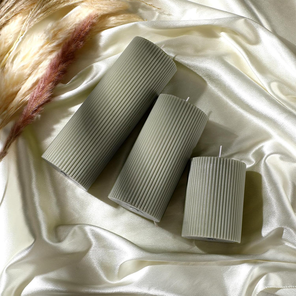 Ribbed Pillar Candles, Width 3" High 4" 6" 8", Bean Green - Set of 3