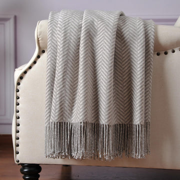 Silk Throw Blanket with Hand-Knotted Fringe, Natural, Soft & Breathable (Herringbone Gray)