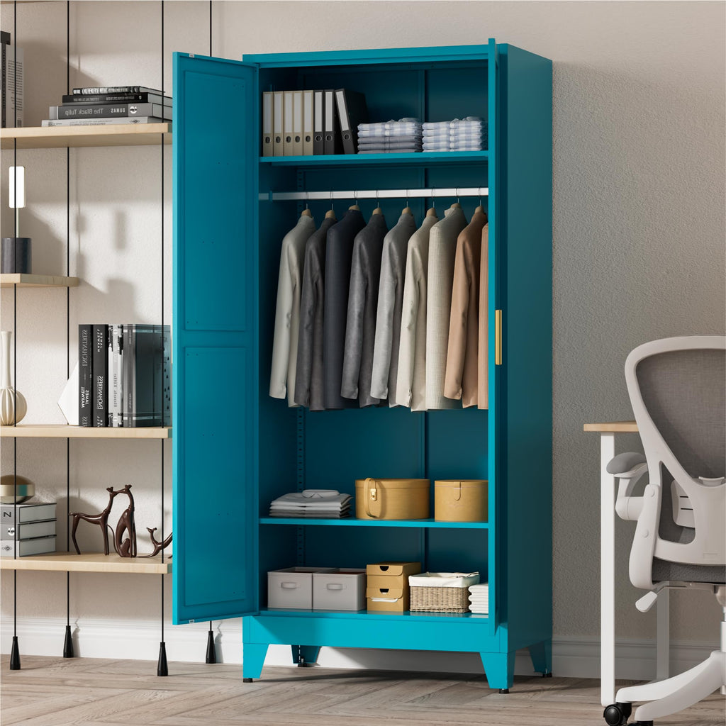 71" Tall Metal Wardrobe Closet with Adjustable Shelves and Hanging Rod, 2 Doors Free Standing Armoire Wardrobe