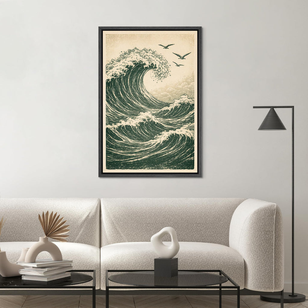 Framed Vintage Ocean Wave with Seagulls Coastal Nature Wilderness Modern Art Decorative - 24"x36" BLACK
