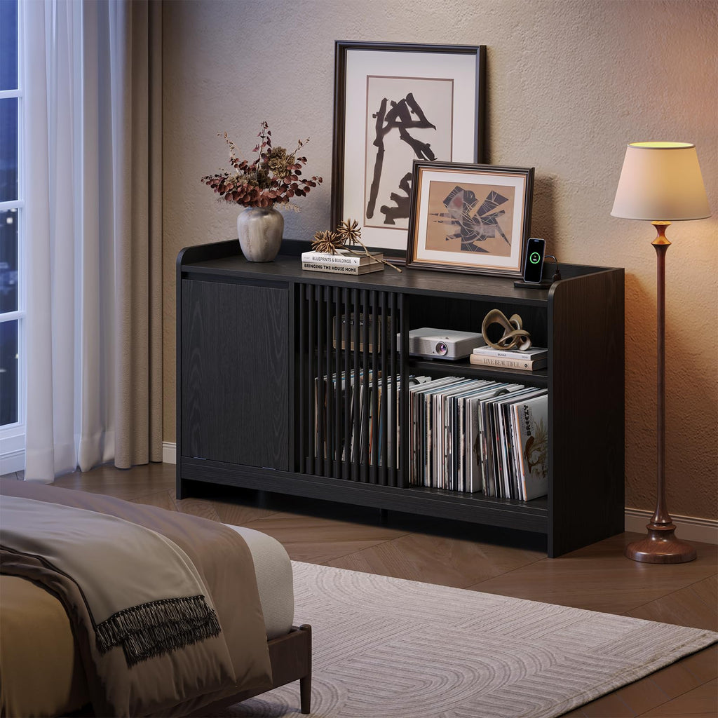 48" Record Player Stand w/Flip-Out Storage Cabinet, Sliding Door