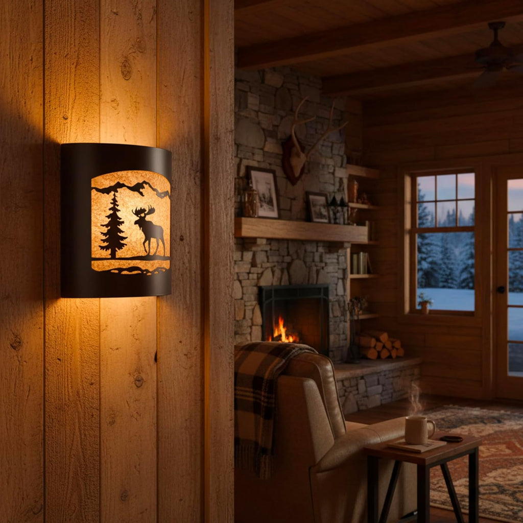 Rustic Moose and Pine Tree Wall Sconce | Lodge Cabin Decor, Woodland Nature Design, Light Fixture