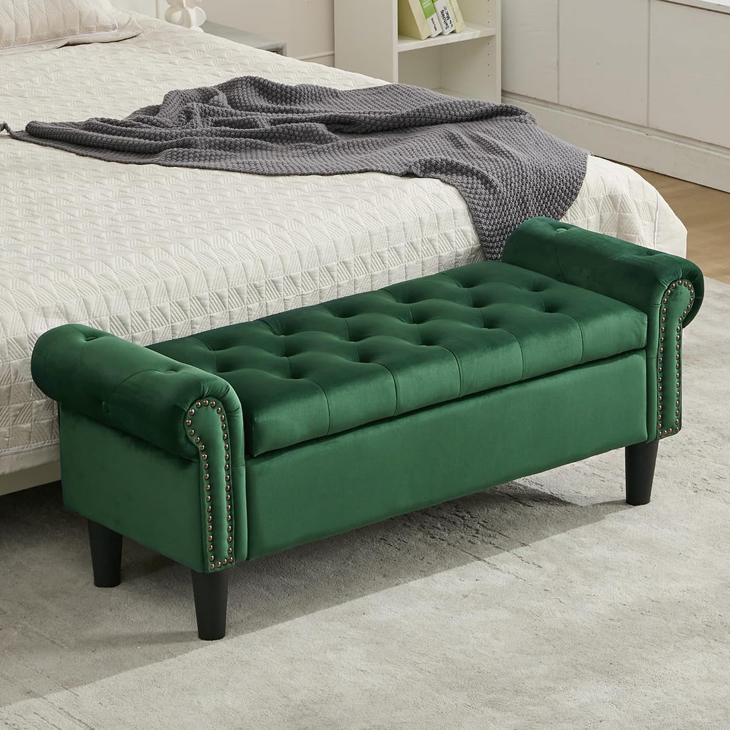 50" Storage Bench , Velvet Upholstered, Green | End of Bedroom Bed Bench Ottoman with Tufted Cushioned Rolled Arm