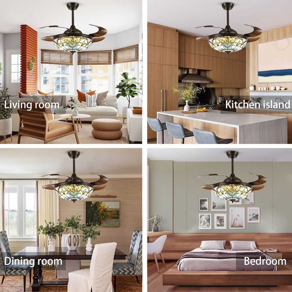 42" Tiffany Ceiling Fans with Lights Stained Glass Ceiling Fan Retractable Chandelier Fan with Remote Control
