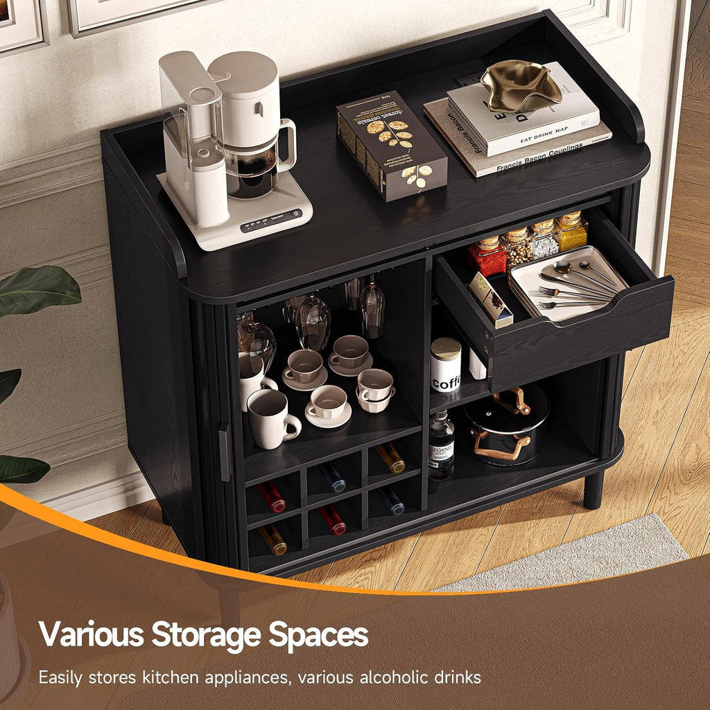 Fluted Bar Cabinet with Storgae, Wine Cabinet, 33" H, Black | Coffee Bar Cabinet, Liquor Cabinet, with Charging