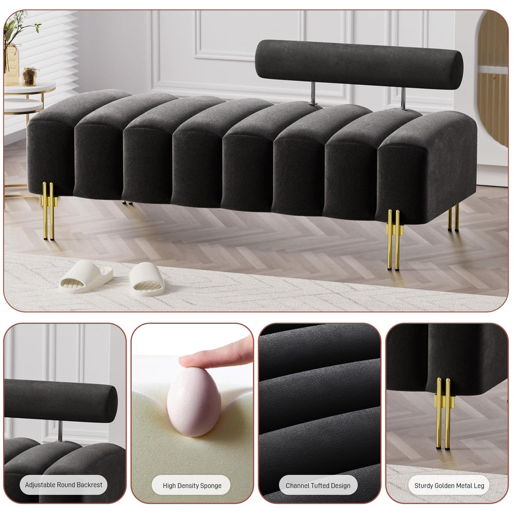 52" Velvet Bench Ottoman Bedroom Bench with Adjustable Back, Black