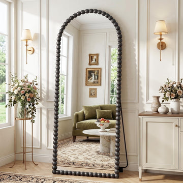 71" x 28" Arched Full Length Mirror, Antique Beaded Frame Floor Standing or Wall Mounted Mirror with Stand, Black