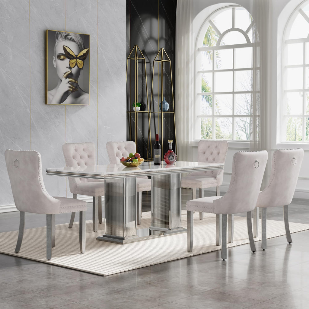 68" Faux Marble White Silver Dining Table for 6, Modern Dining Room Table with 0.71" Marble Printing MDF Top and Dual